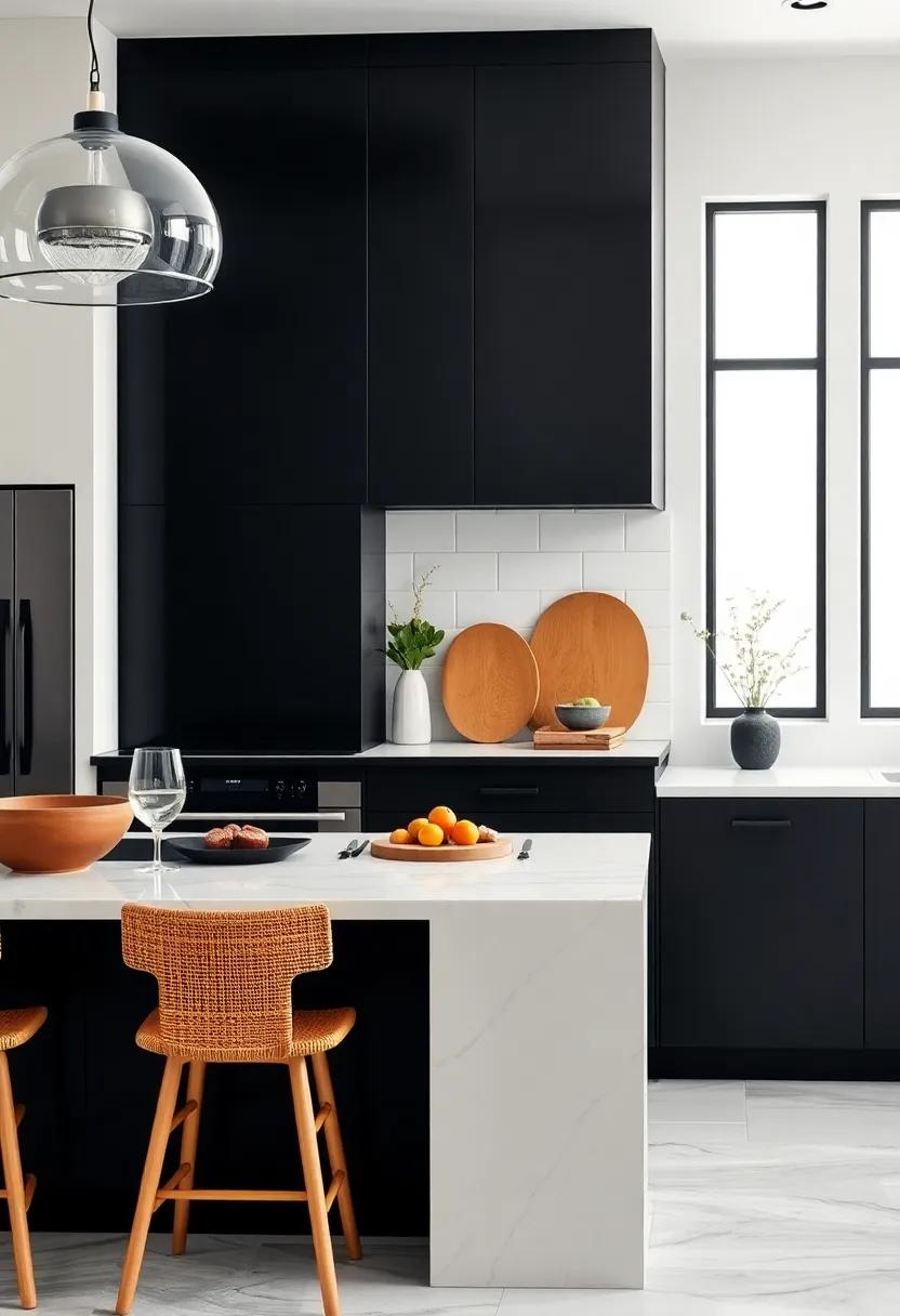 High-Contrast Accents: Pair your black cabinetry with bright white countertops for a striking visual impact that brightens the space