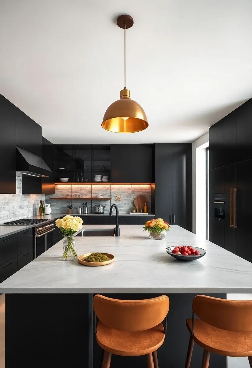 statement Lighting: Install bold pendant lights in brass or gold finishes to add a touch of glamour above your kitchen island