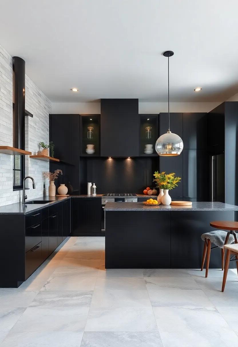 unique Flooring: Choose flooring materials, such as patterned tiles or distressed wood, that contrast beautifully with black cabinetry