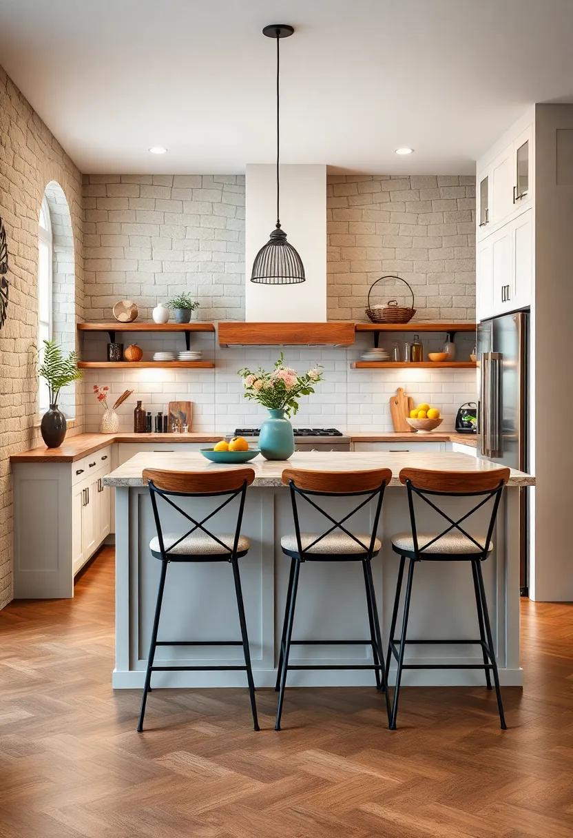 Classic Barstools: Use wood or metal barstools with cushion padding to enhance comfort at the kitchen island