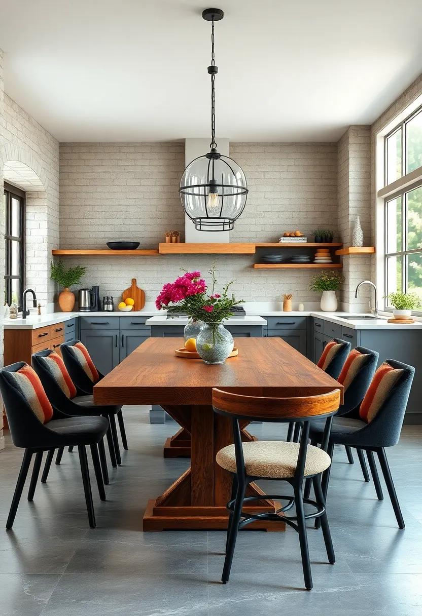 Farmhouse-Style Table: A rustic dining table can act as a stunning centerpiece, perfect for family meals and gatherings