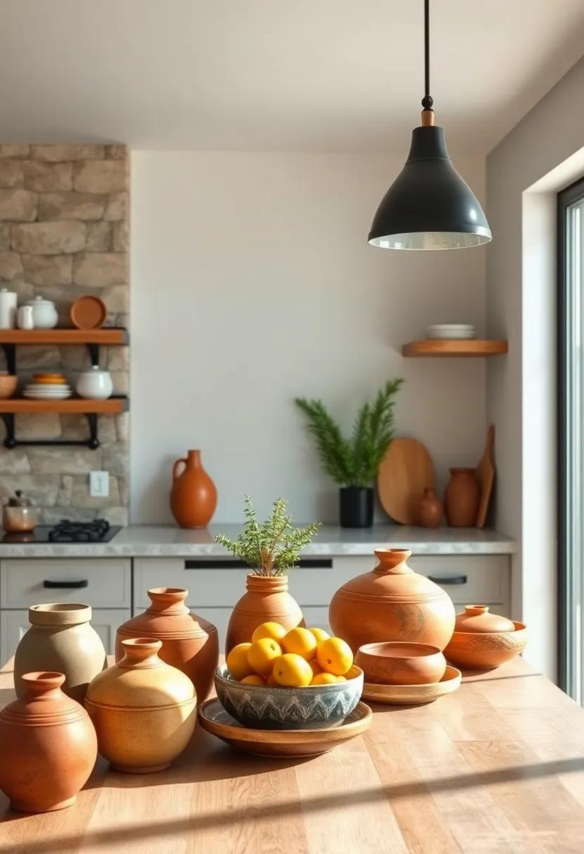 Handcrafted Pottery: Use unique clay pots and dishes to showcase artisan craftsmanship, fostering a homemade atmosphere