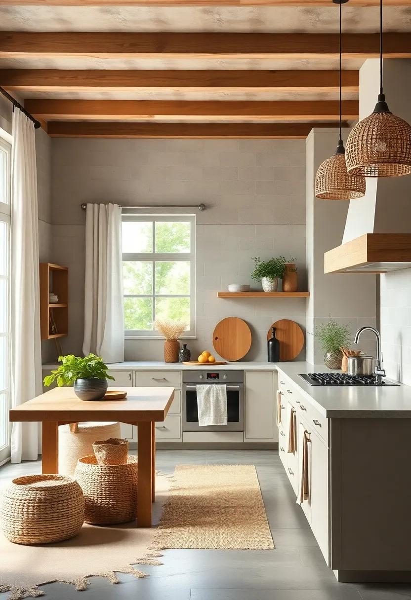 Soft Textured Fabrics: Use linen curtains, cotton dish towels, and woven baskets to create a cozy atmosphere with layered textures