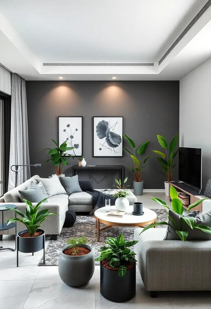 Greenery Pops: incorporate plants in pots that match your monochrome theme for a fresh contrast and added life to the space