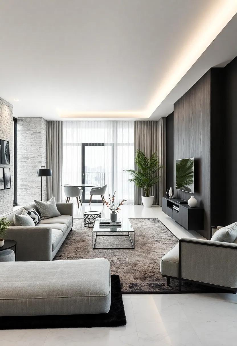 Create Zones: Use furniture arrangements and area rugs to define distinct areas in the living room while maintaining the monochrome aesthetic