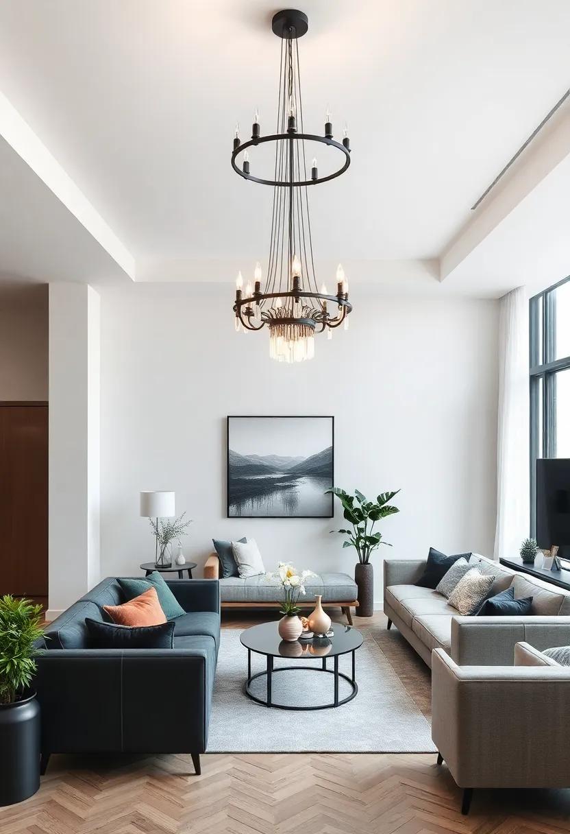 Modern chandeliers: Choose a striking chandelier in your monochrome shade to serve as the centerpiece of the room and elevate the style