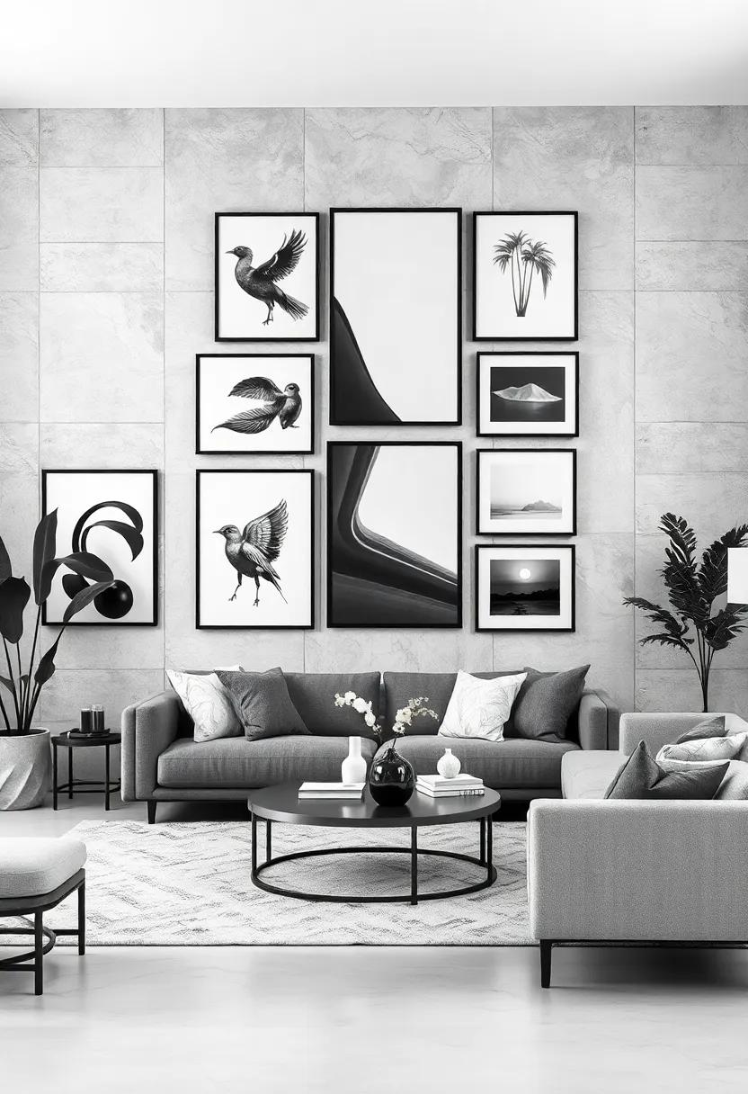 Artistic Displays: Curate a gallery wall with monochrome frames in various styles, all housing black-and-white photography or minimalist art