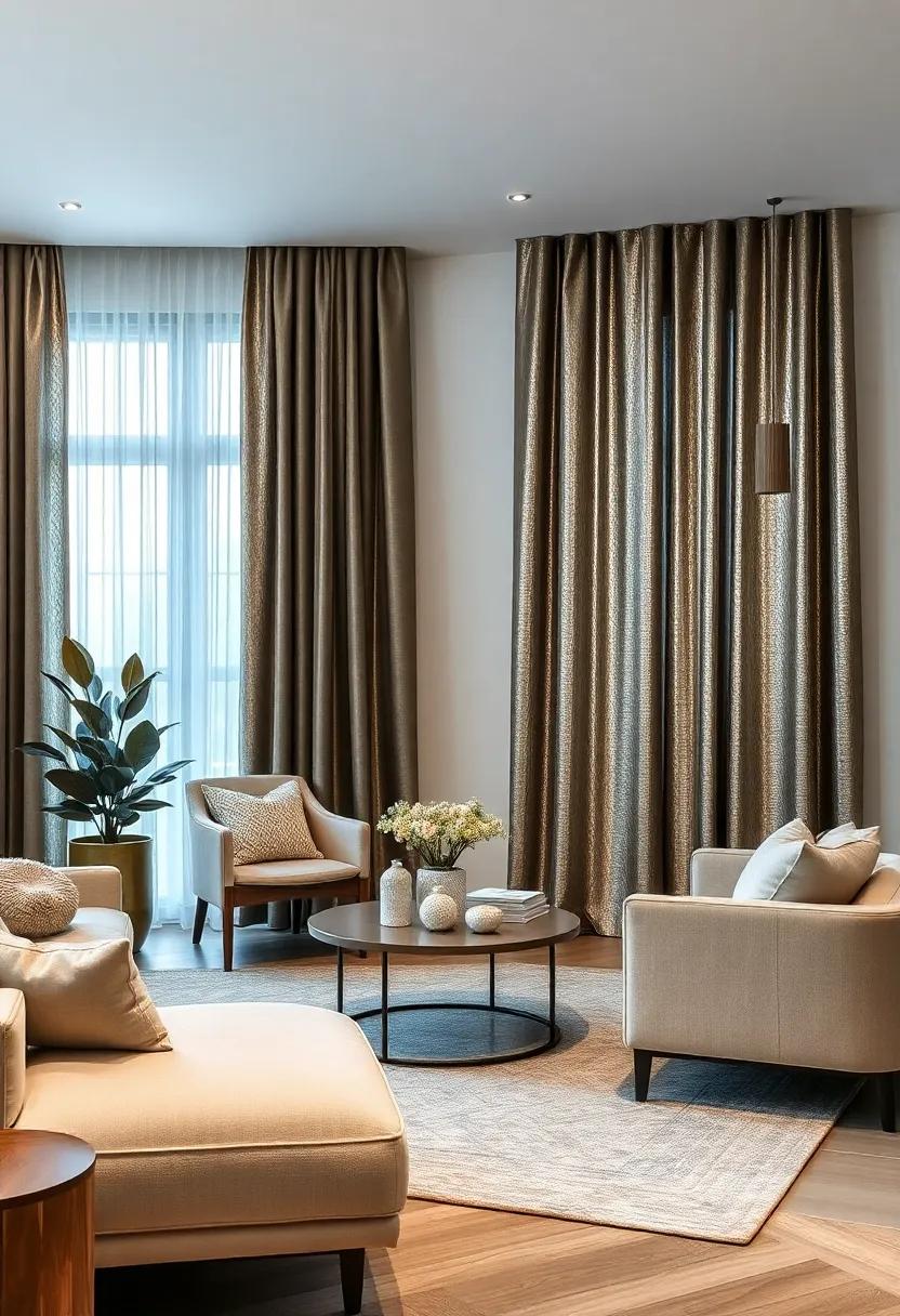 Reflective Metallics: Embrace modern elegance with metallic curtains that add a unique shimmer while maintaining a muted color palette sensibility