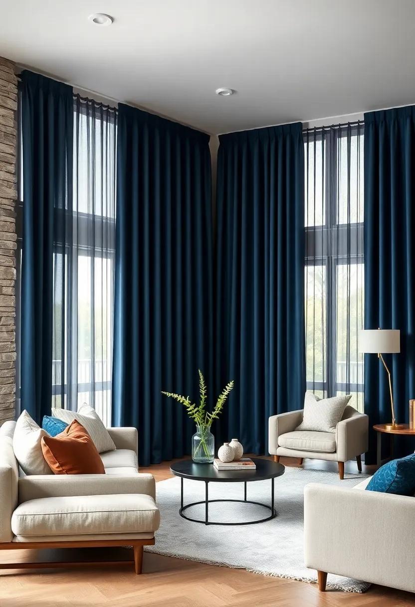 Navy Blue Sophistication: Transition to elegance with navy blue curtains that offer a striking contrast to lighter decor for a polished Scandinavian look