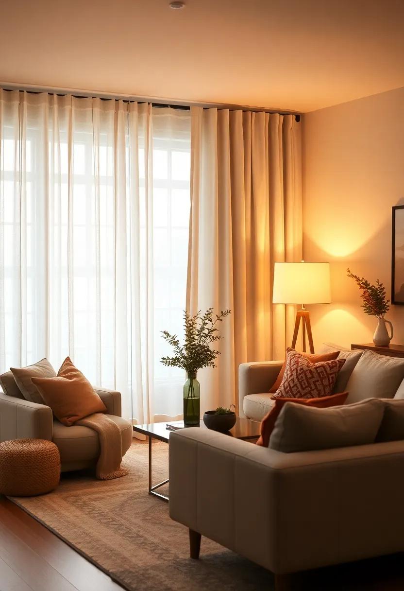 Cozy Table-Lamp Glow: Pair your curtains with a soft-lit table lamp to create a warm, inviting glow that enhances the overall living space ambiance