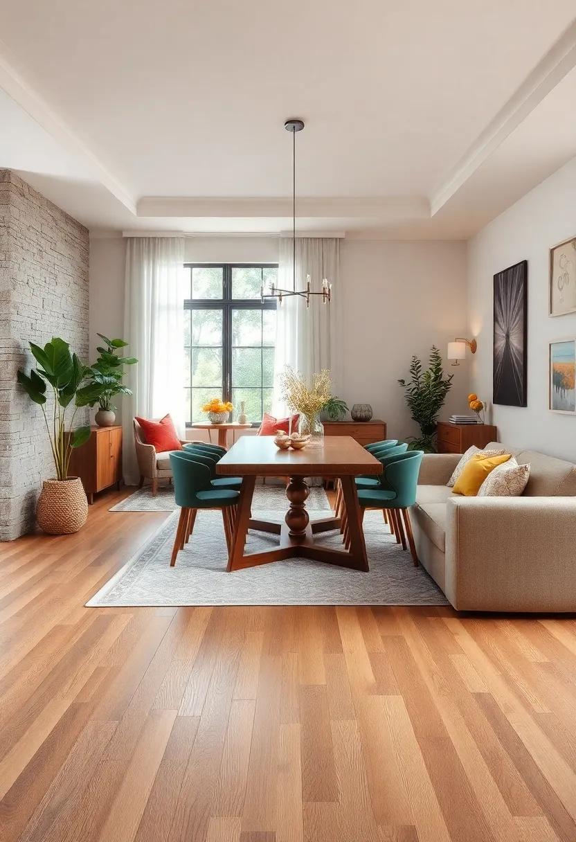 Cozy area rugs: Pairing wooden floors with plush area rugs creates a layered look that adds comfort and warmth to your dining space