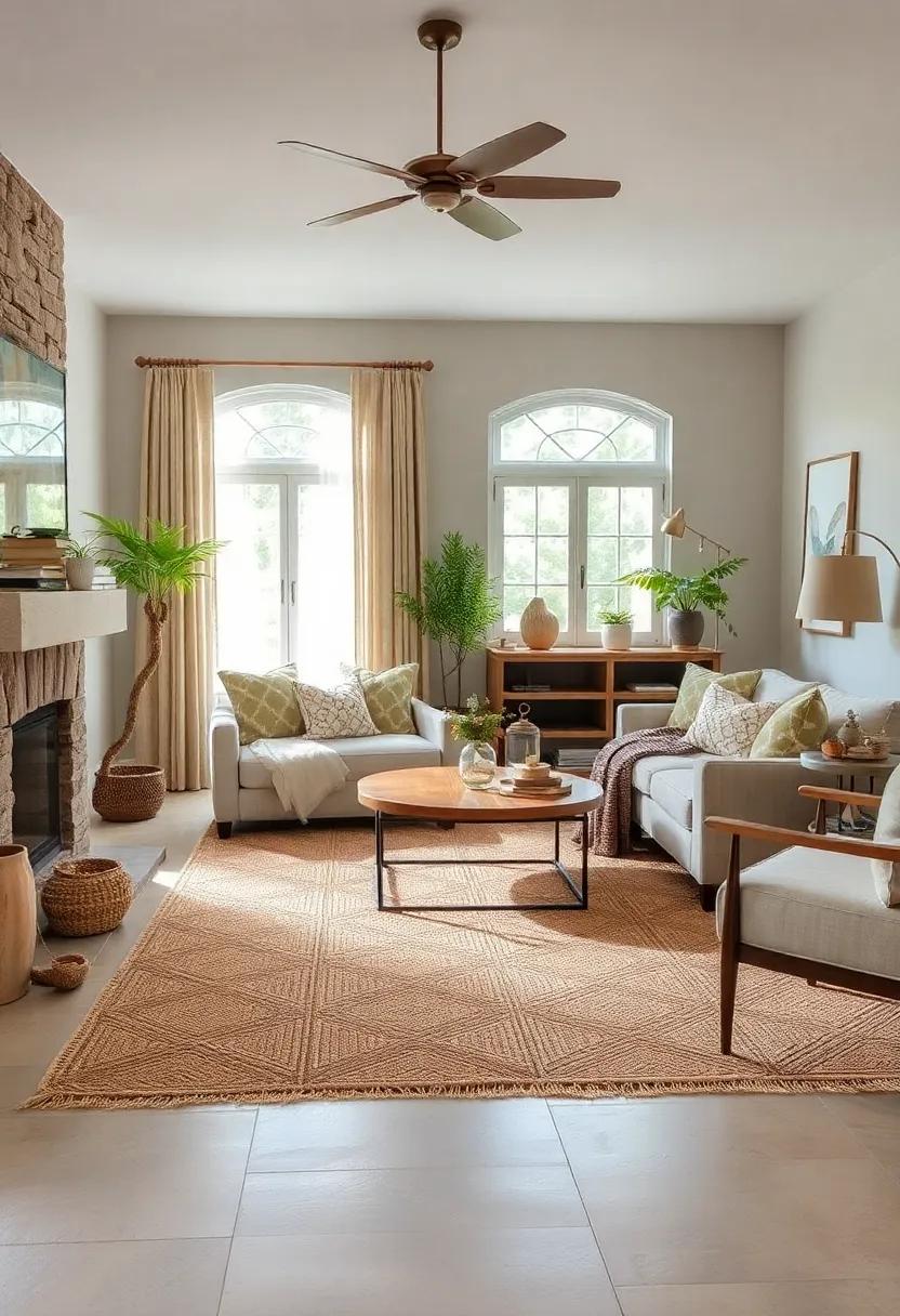 Embrace Nature with Jute: A natural jute rug adds an earthy texture to your cozy country living room, grounding the space while complementing rustic elements
