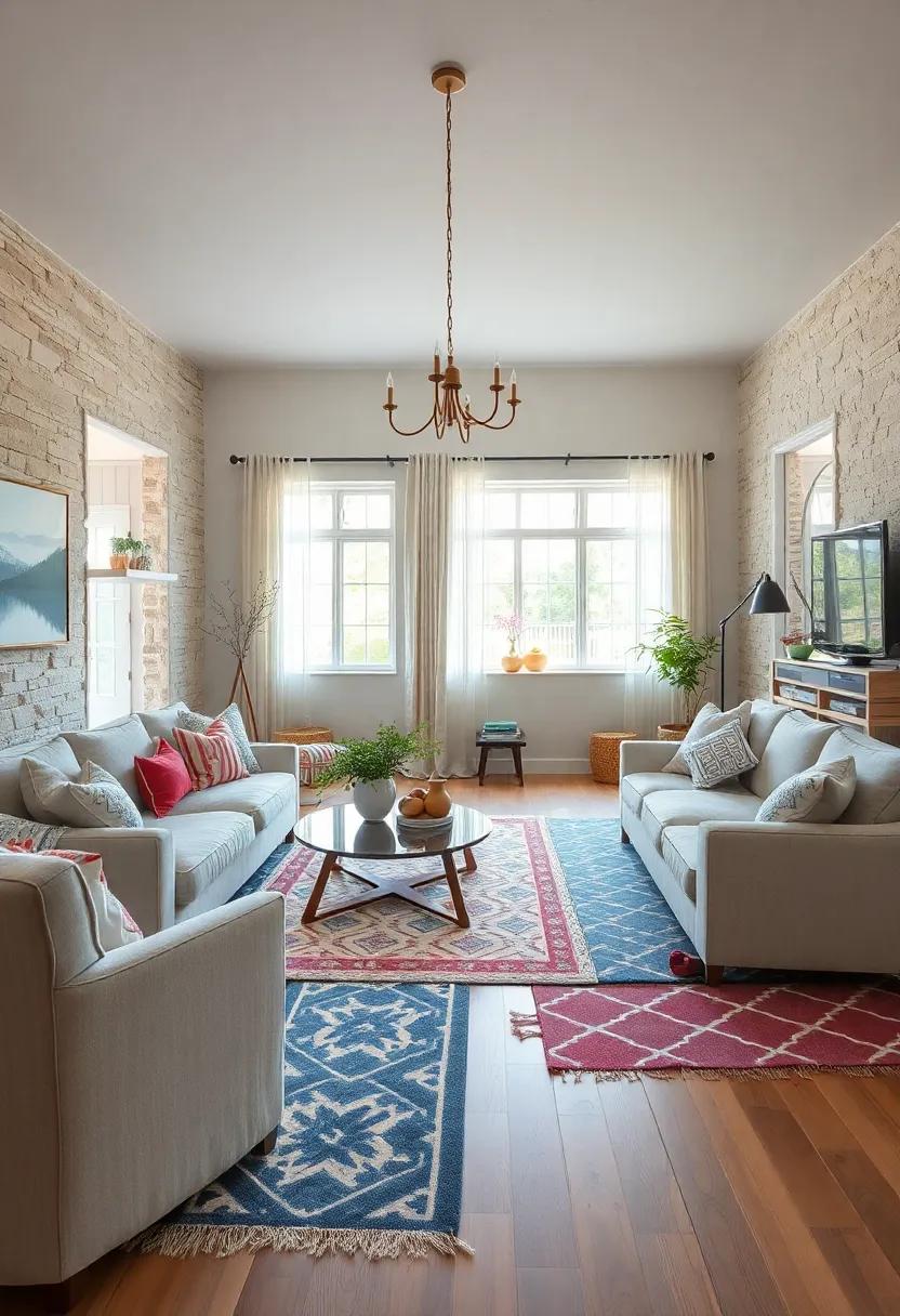 Whimsical geometrics: Playful geometric patterns can inject a modern twist into a traditional country living room, making it feel both cozy and contemporary