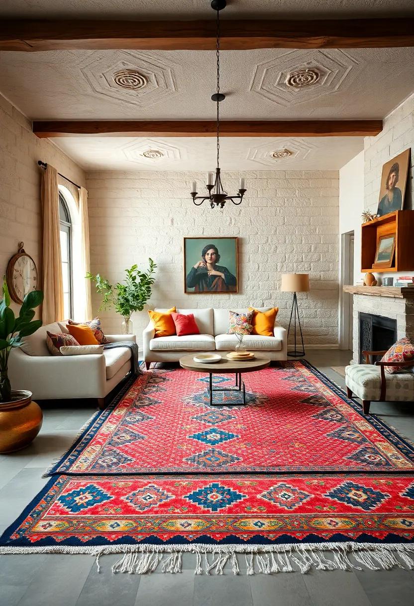 Bold Kilim Patterns: A bold kilim rug can serve as a stunning centerpiece, drawing the eye and showcasing intricate artisan craftsmanship