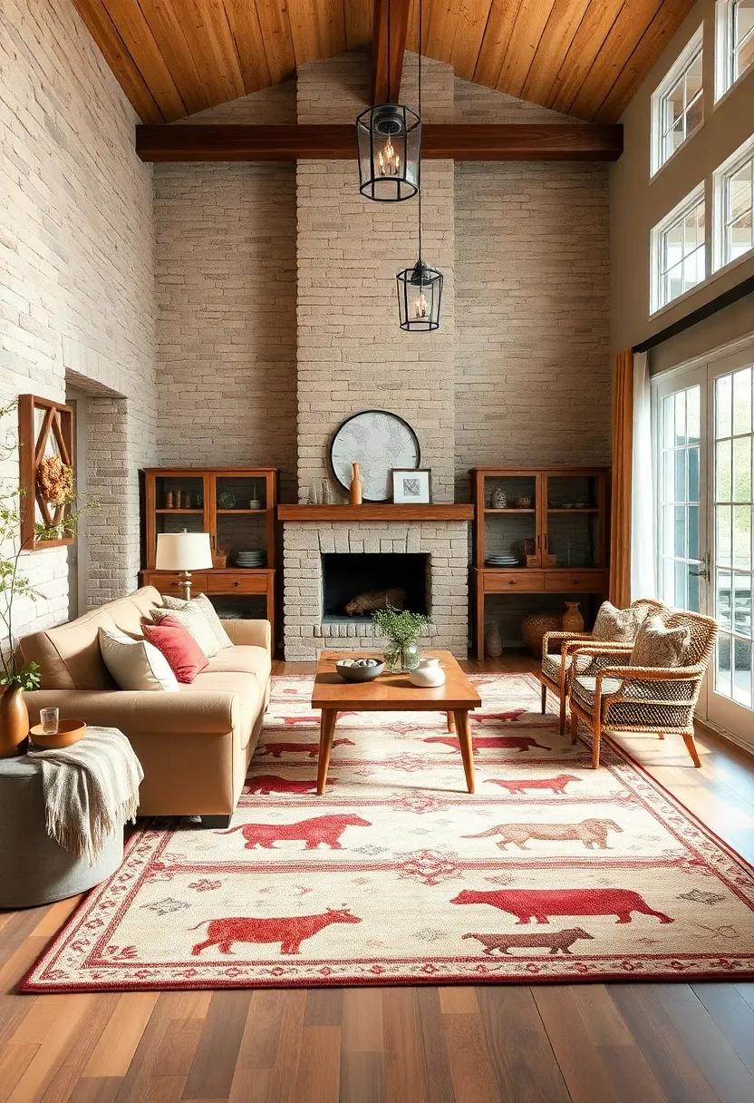 Rustic Farmhouse Flare: A rug featuring farm-inspired motifs like barns or animals can enhance your country theme while adding a sense of whimsy