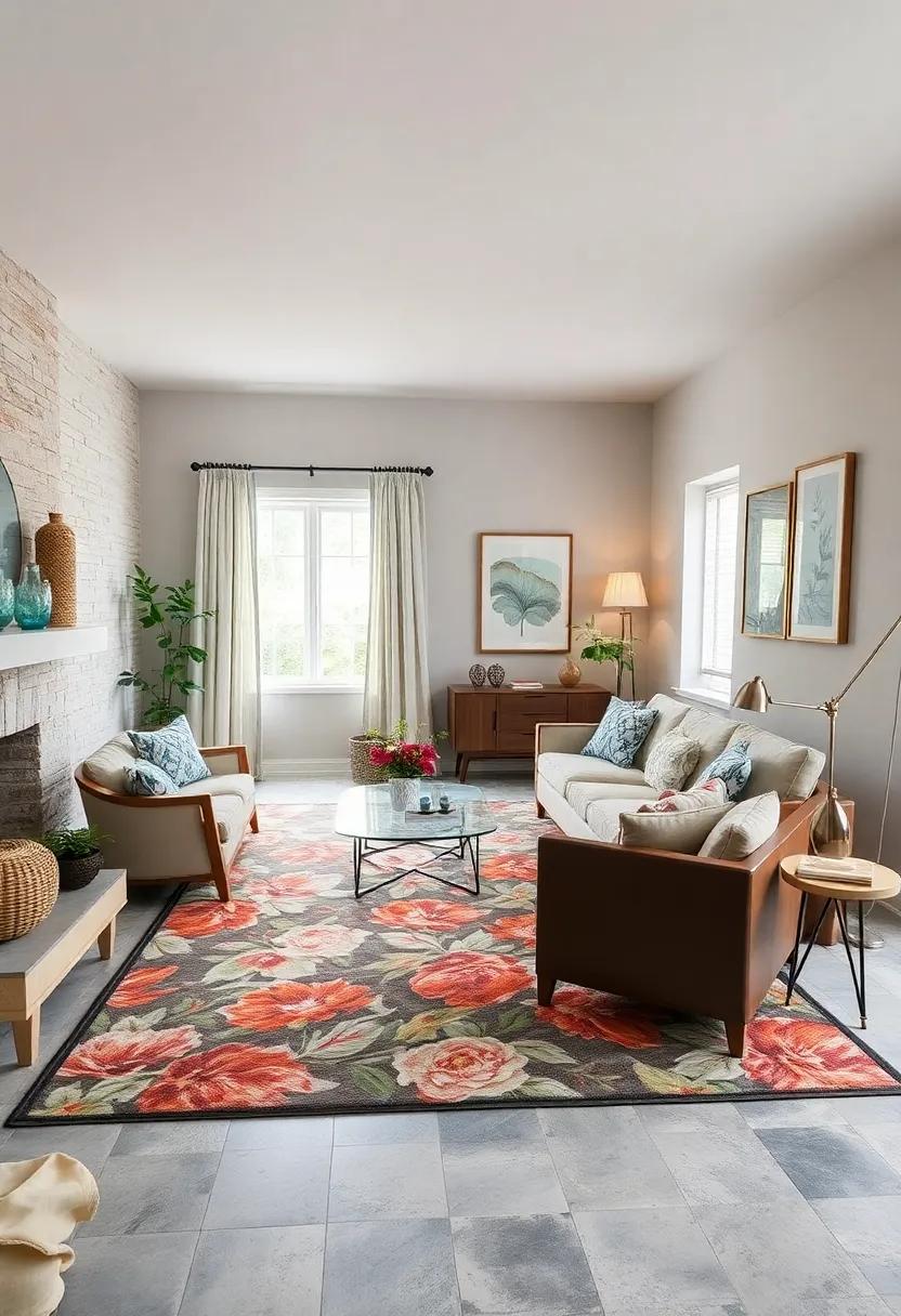 Floral Prints for Freshness: Introduce a lively floral-patterned rug to add a pop of color and brighten your living area, inviting the beauty of the outdoors inside