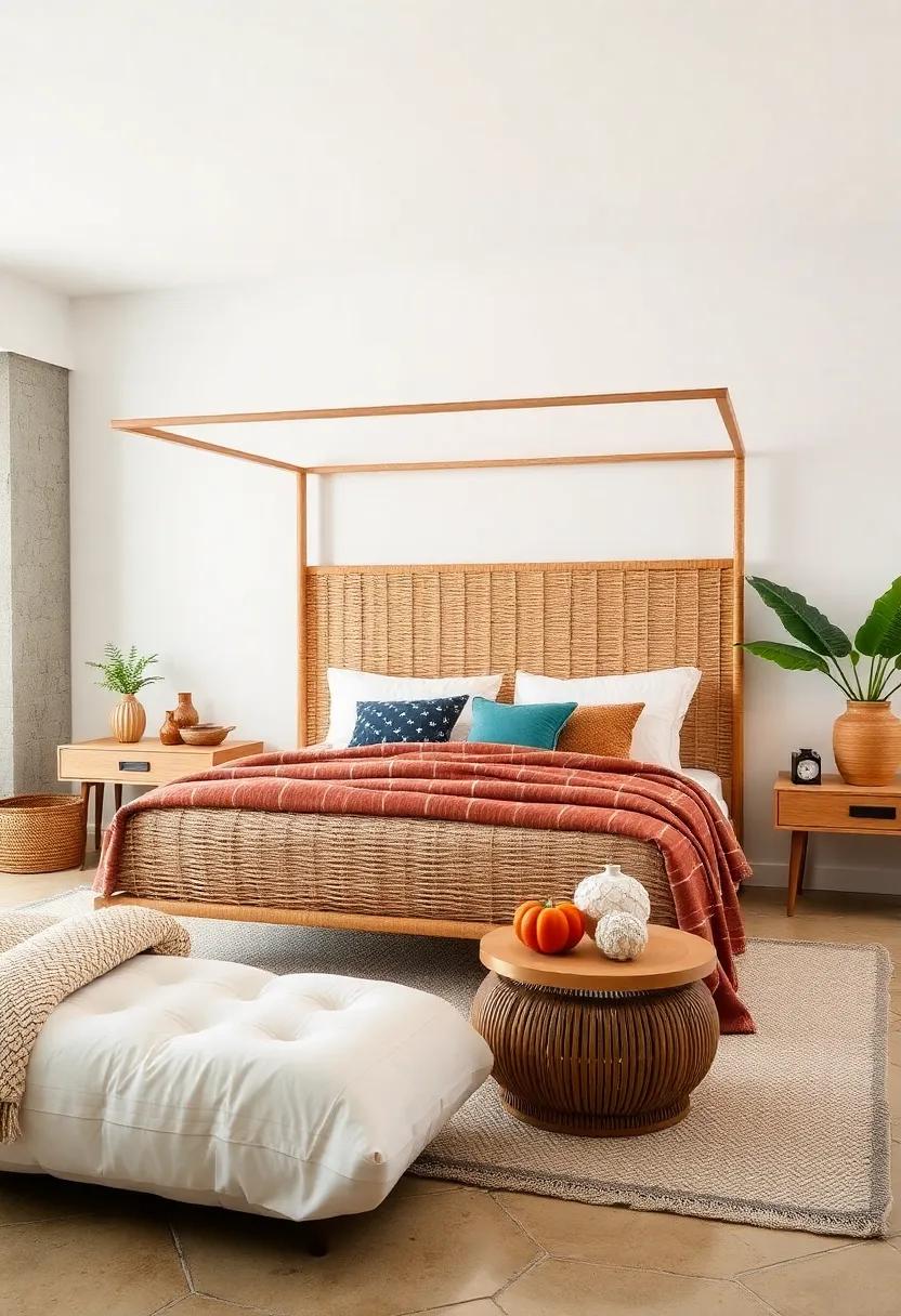 Boho Bliss: Bring in elements of nature with a woven bed frame that incorporates rattan or wicker, perfect for a laid-back bohemian aesthetic