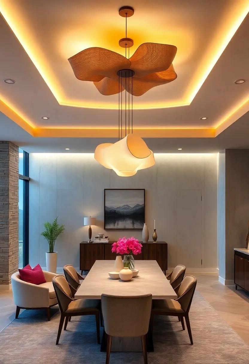 Sculptural Ceiling Mounts: Choose sculptural ceiling mounts that double as art pieces and conversation starters in your dining room