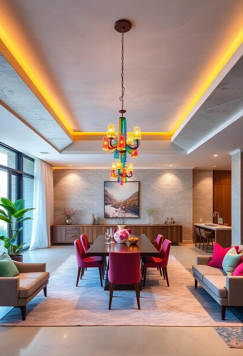 Colorful Chandeliers: Break the mold with vibrant, colorful chandeliers that inject personality and fun into your dining space