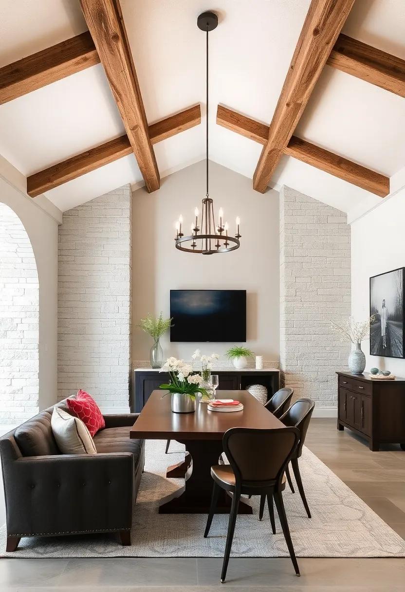 Rustic Beams and Lights: Pair your overhead beams with rustic lighting fixtures for a cozy, cabin-inspired dining feel