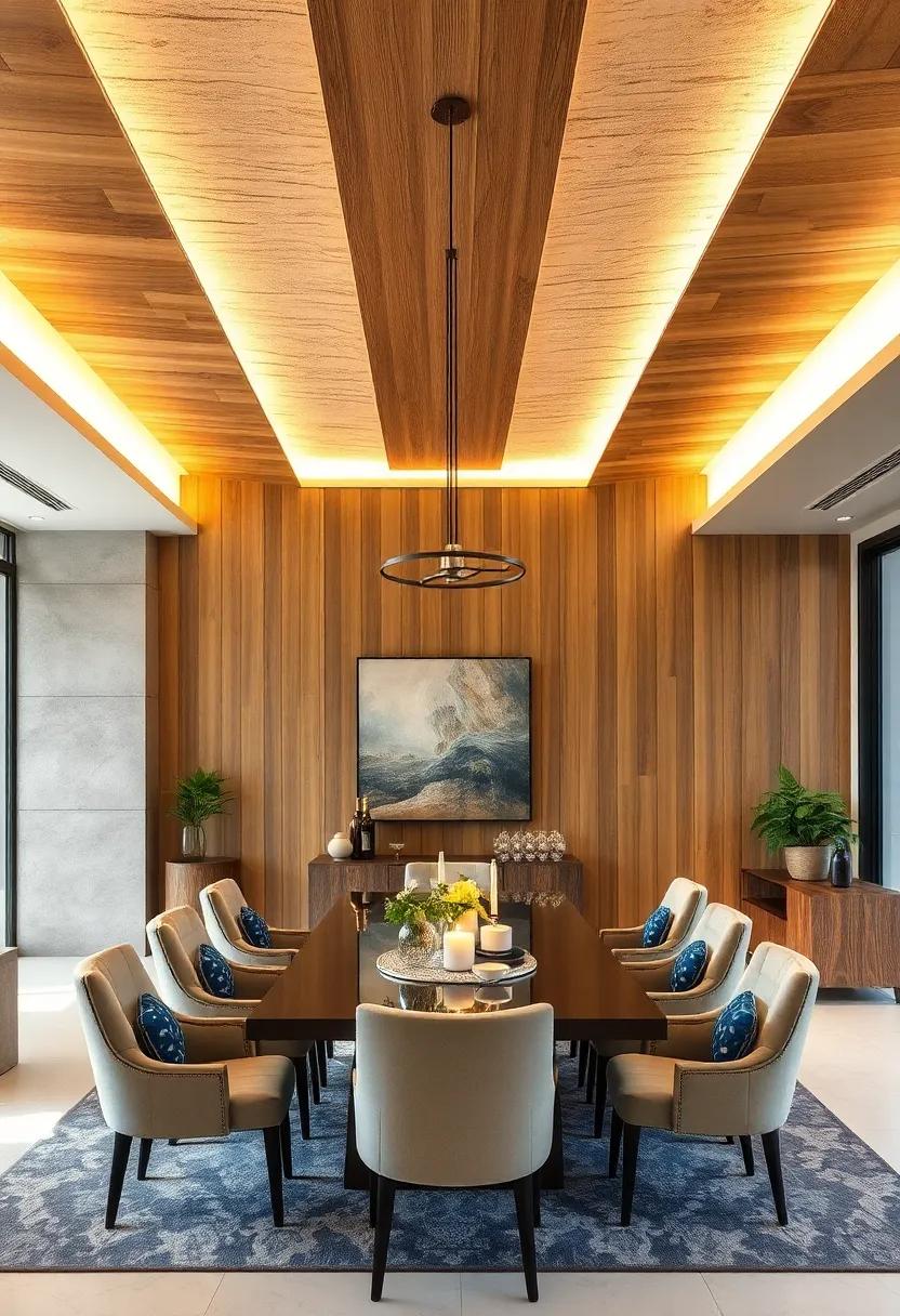 Layered Textures: Combine different materials—wood, metal, glass—for a rich layered look that adds depth and interest to the ceiling