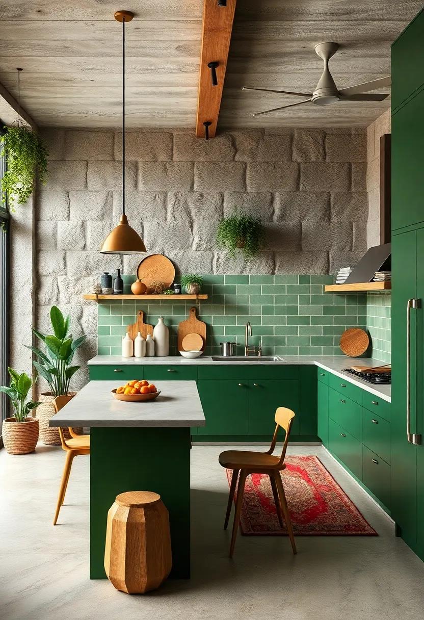 Colorful accents: Use natural colors inspired by nature like deep greens, earthy browns, and muted yellows to create a kitchen that feels alive
