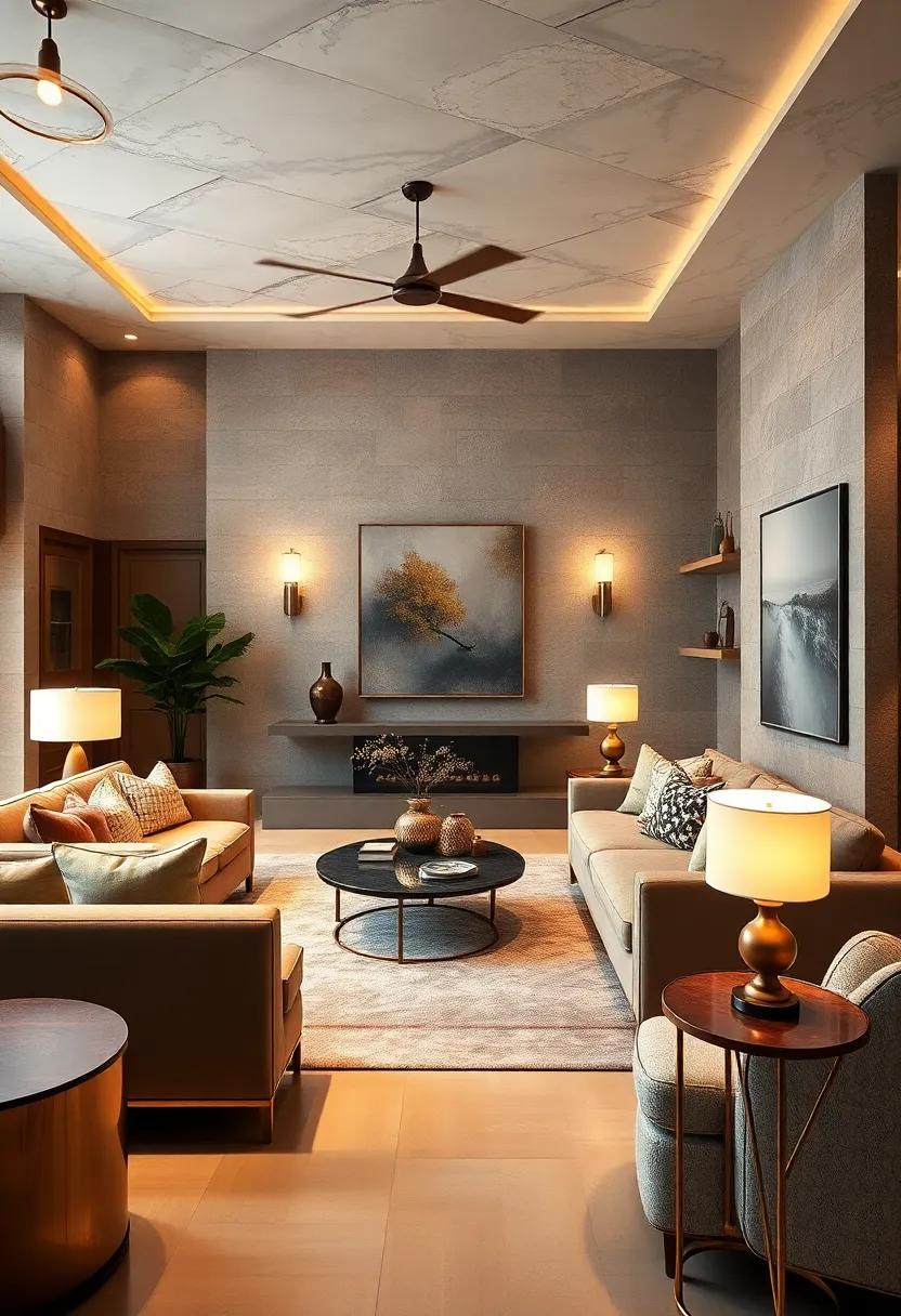 Layered Lighting: Employ a mix of floor lamps, table lamps, and sconces in warm metallics to create a cozy and inviting ambiance