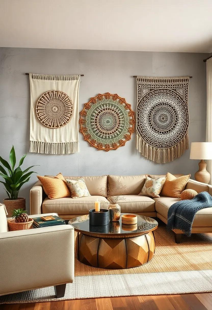 Bohemian Flair: Add bohemian-inspired woven wall hangings that embrace both earth tones and sparkly accents for an eclectic yet cohesive look