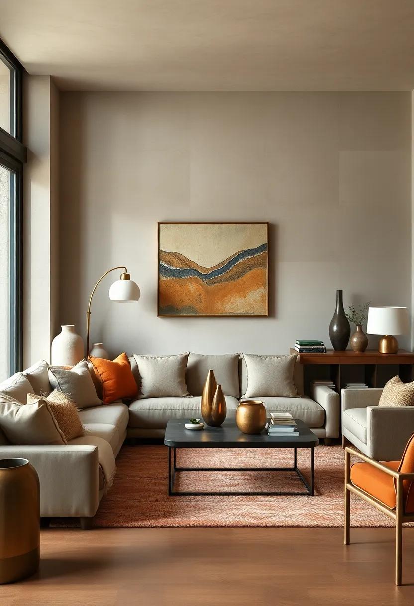 Minimalist Sculptures: Select sculptures or decor items with simple lines in metallic finishes to maintain a less-is-more approach that enhances the earthy vibe