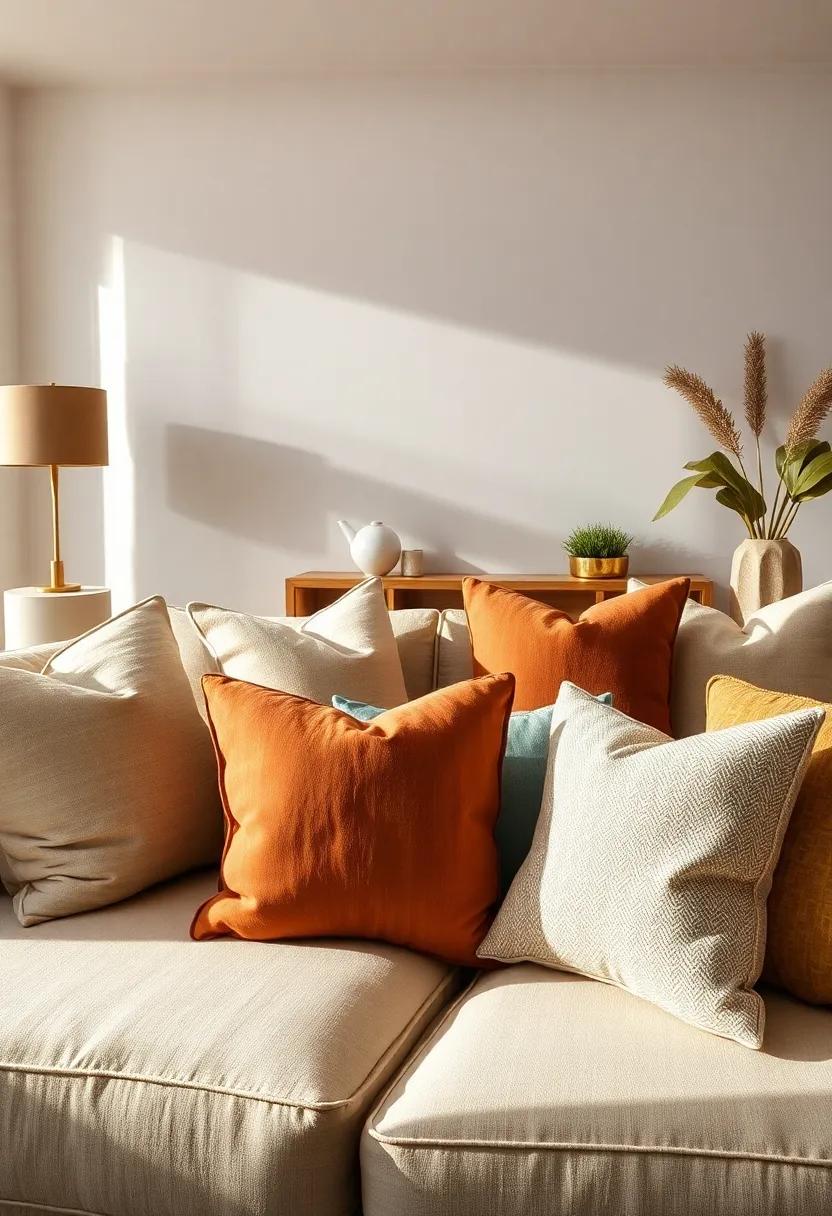 Textural Pillows: Mix and match pillows in various materials—like linen, velvet, and leather—featuring earth-tone hues with metallic threading for added interest