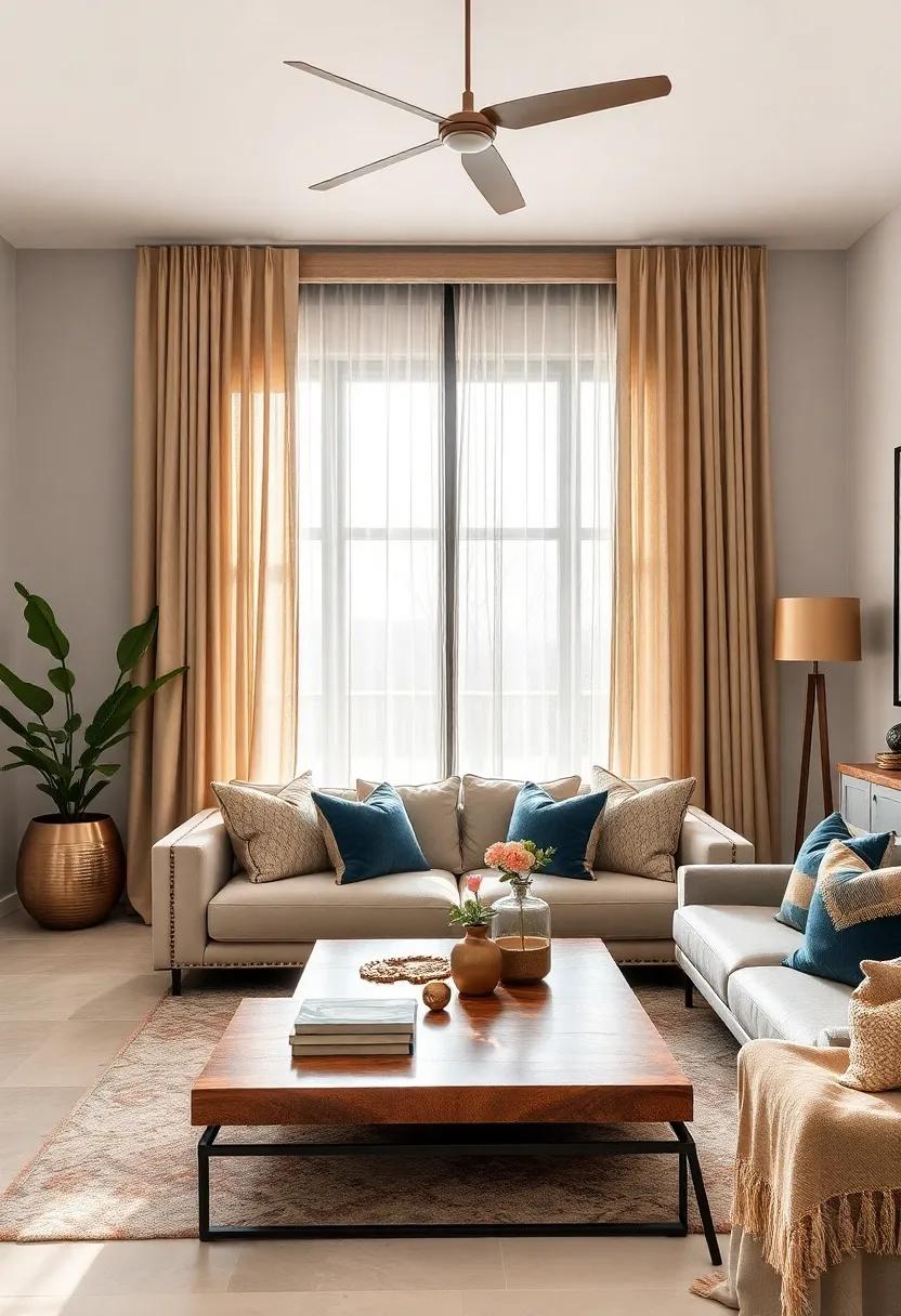 Earthy Curtains: Choose window treatments in light earth tones that filter in natural light while complementing the metallic elements around the room
