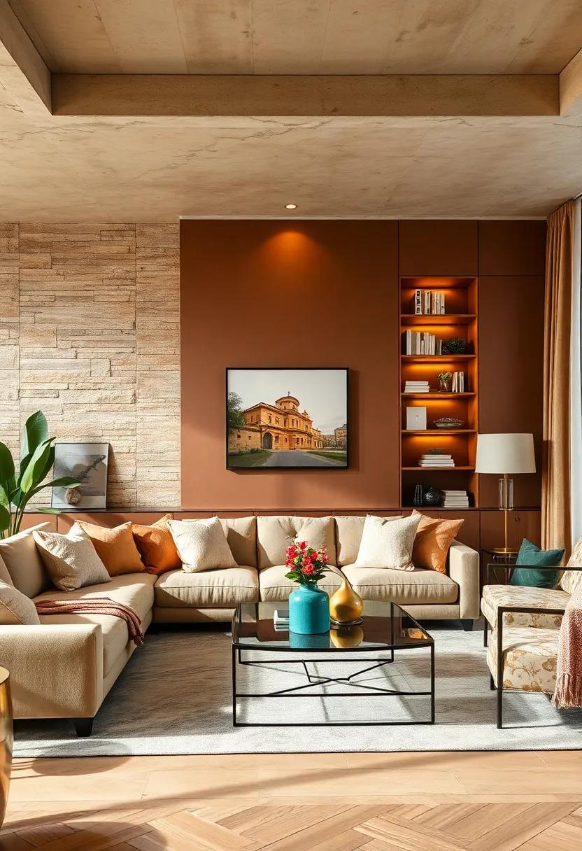 Accent Walls: Consider a feature wall with a rich earthy color, accentuated by metallic-hued shelving for a stylish display of books and collectibles