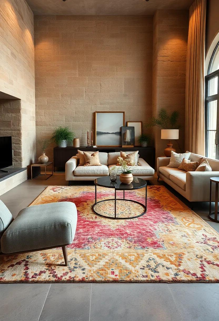 Colorful Rugs: Layer a textured rug with earthy hues under a more striking metallic-patterned one to add visual complexity and comfort