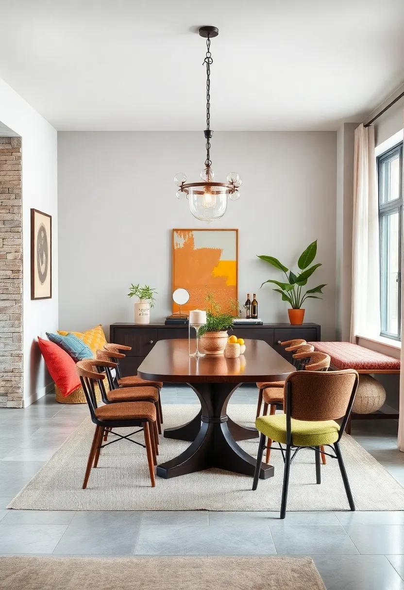 Mixed Seating: Incorporate various seating options like benches and mismatched chairs to create an eclectic vibe