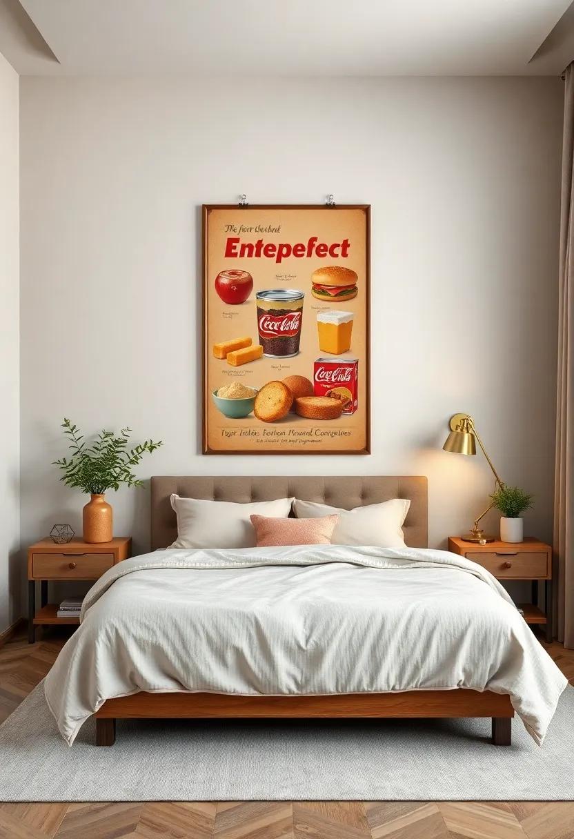 Nostalgic Food Ads: Capture the essence of retro snacking with vintage food advertisement posters, perfect for a kitchen-inspired bedroom theme