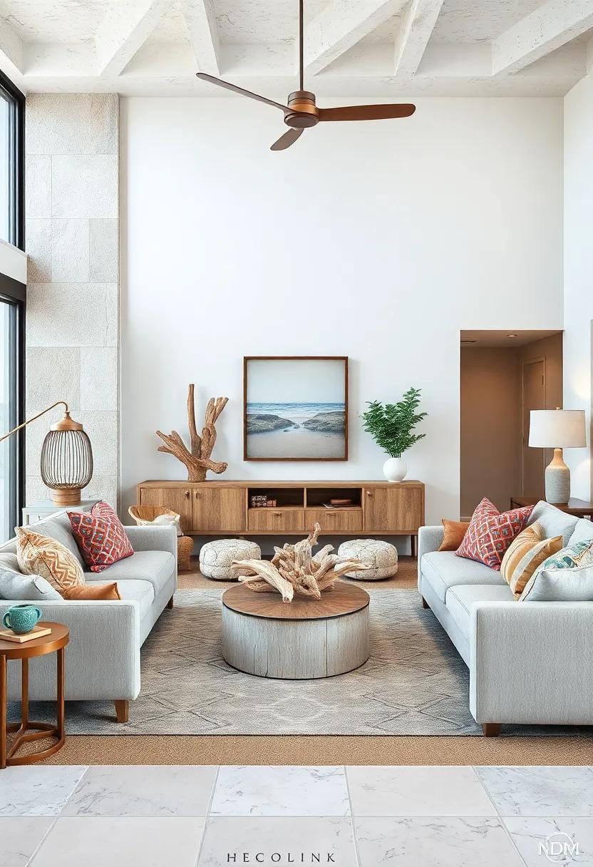 Driftwood Decor: Use driftwood as a centerpiece or in wall art to bring a rustic, natural touch that echoes the coastal landscape