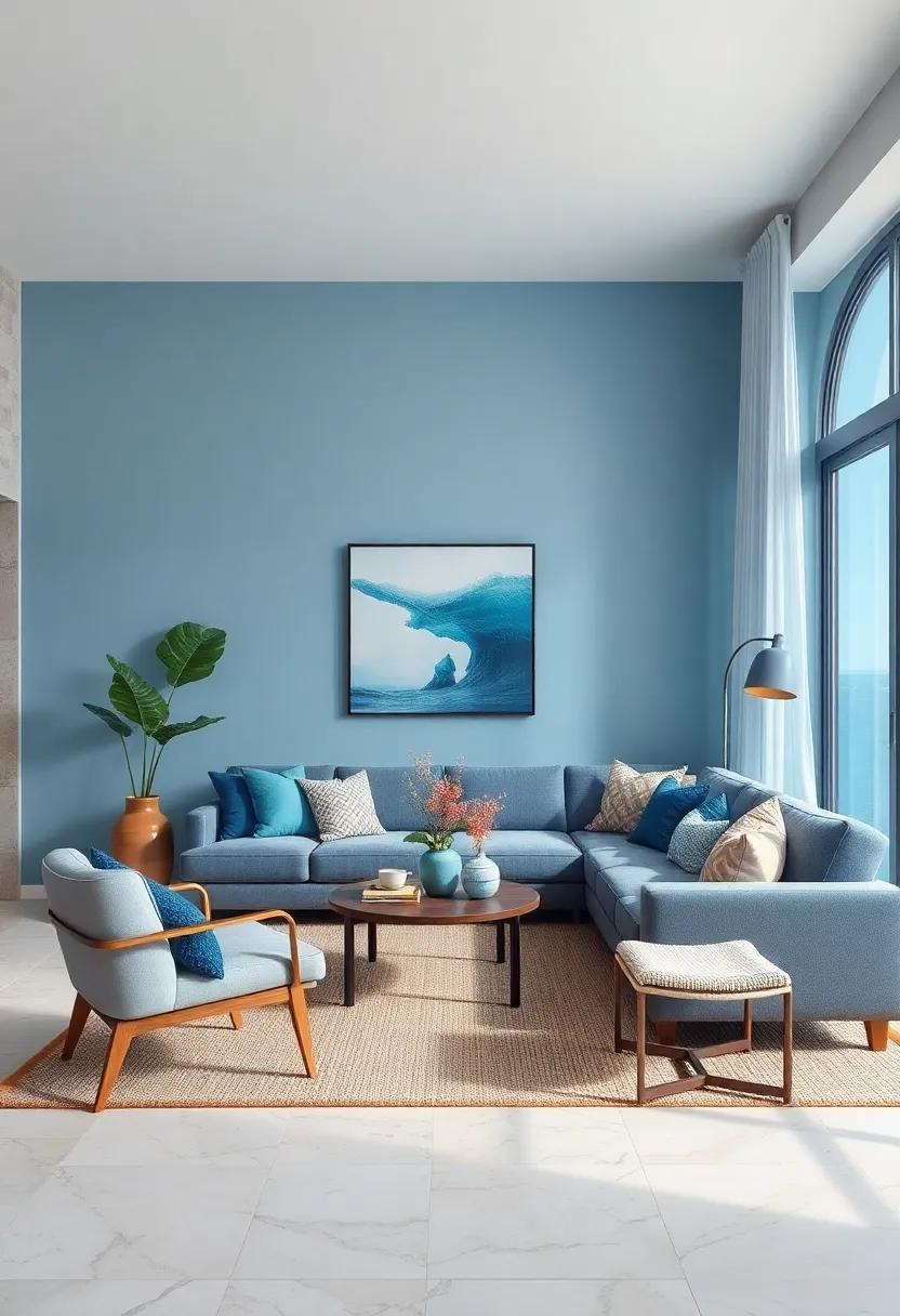 Aquatic Blues: Experiment with varying shades of blue—from deep navy to sky blue—to bring the essence of ocean waves into your living room