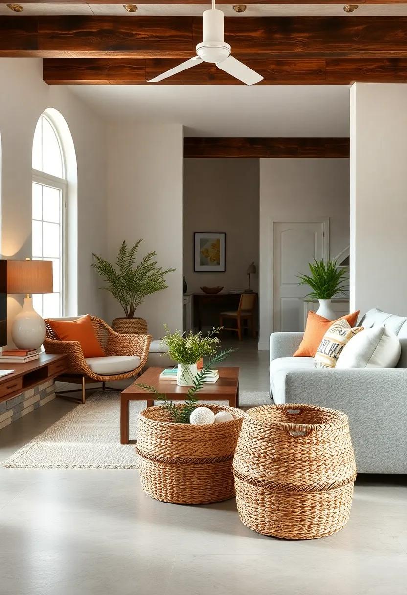 Beachcomber Baskets: Strategically place woven baskets around the room for both style and practicality, perfect for storing beach towels or magazines