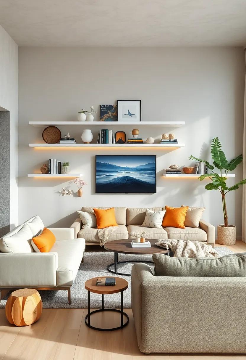 Floating Shelves: Showcase coastal collectibles and books on floating shelves to keep your living room organized and stylish