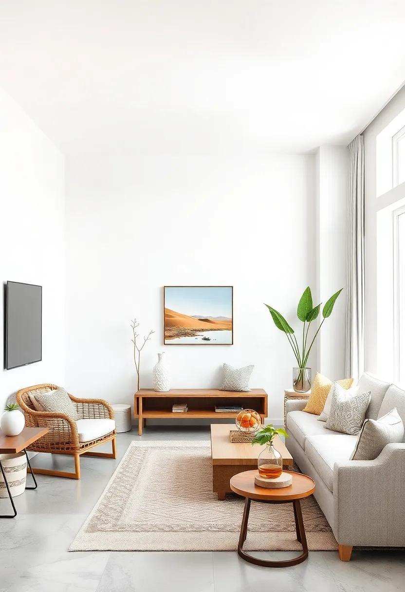 Bright White Walls: Reinvent your space with crisp white walls that reflect light, making your living room feel fresh and airy like the coastal breeze