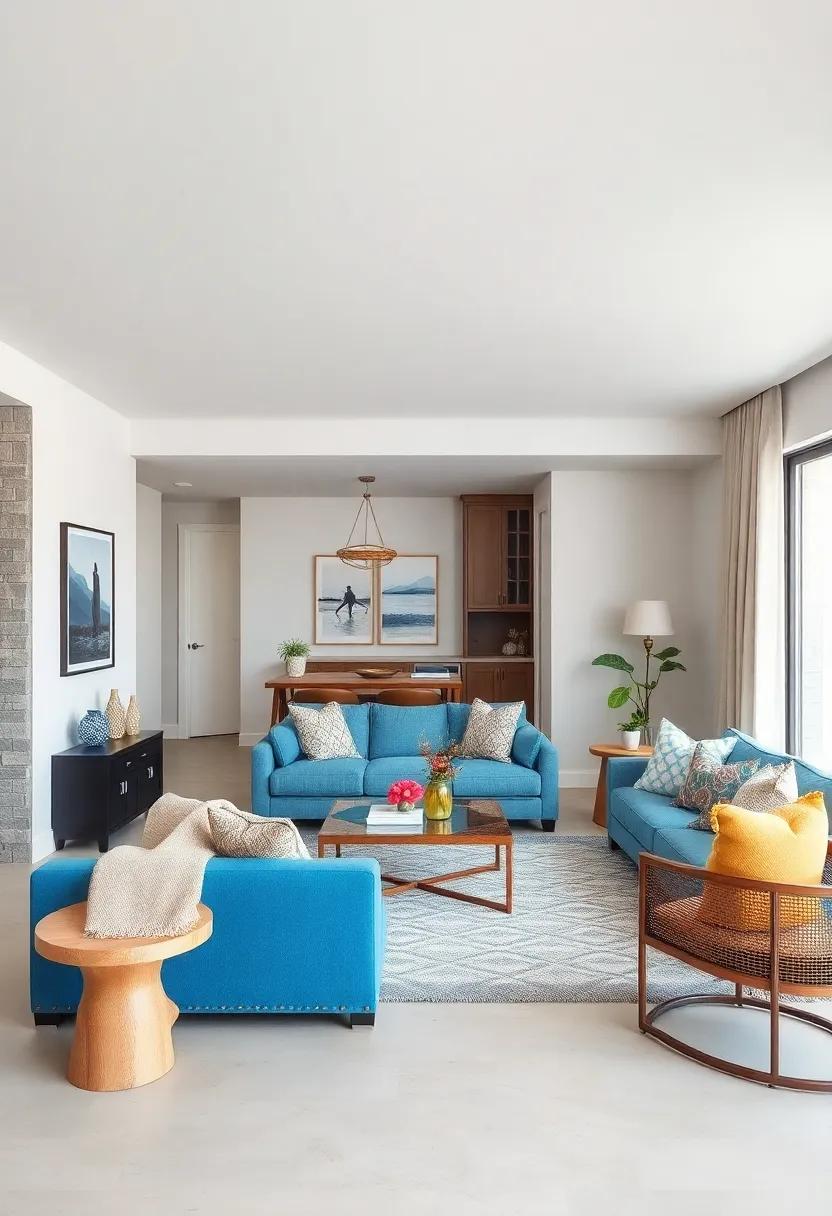 Statement Furniture: Invest in a standout piece, such as a bright blue couch, that acts as a focal point and reflects your love for the ocean