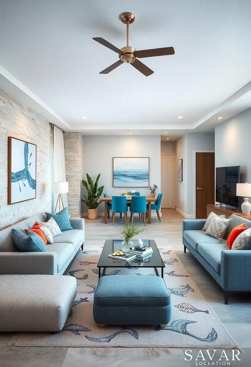 Marine Motifs: Consider incorporating marine life patterns on area rugs or cushions to add subtle interest while staying true to the theme