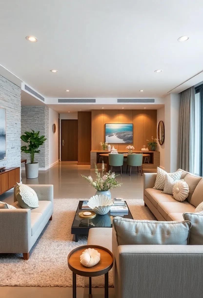 Shell accents: Integrate shell-inspired items like throw pillows and sculptures to celebrate the coastal environment and add a unique texture