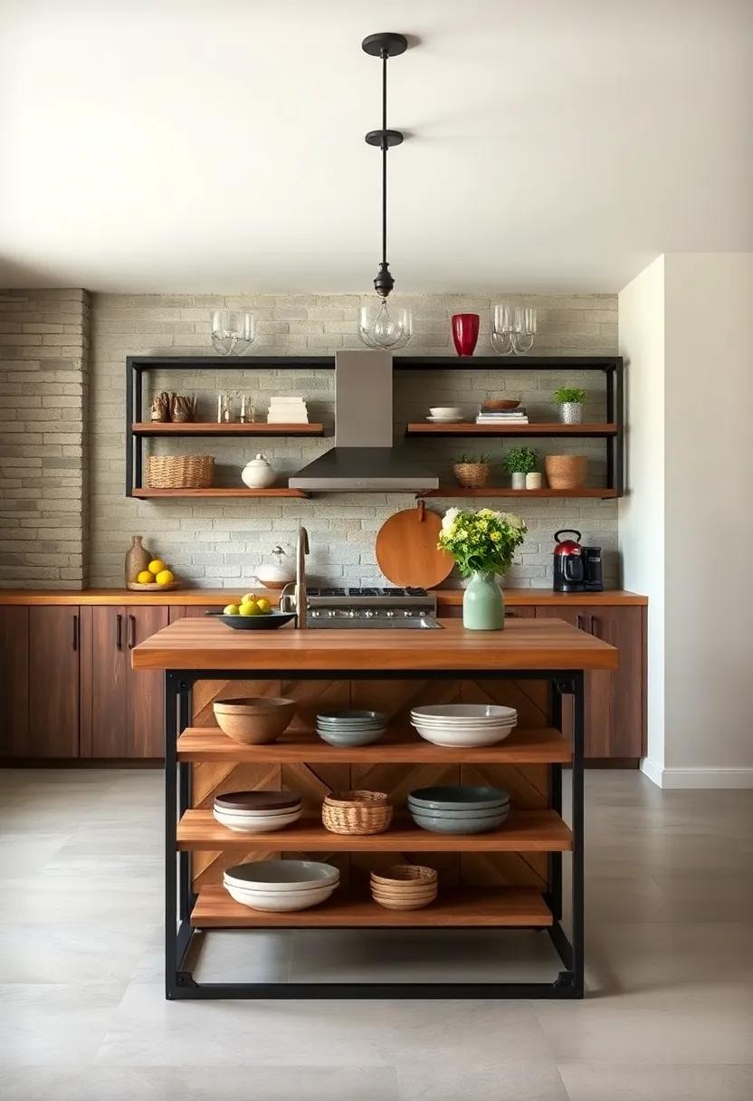 Industrial-Style Open Shelving Island: Blend the charm of antique wood with industrial metal frames to create an island featuring open shelving. Ideal for showcasing your favorite kitchen gadgets and decor