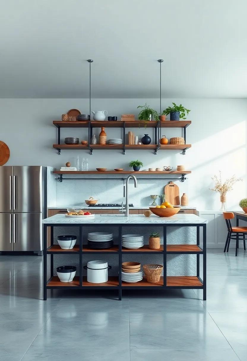 Open-Concept Industrial Shelf Island: Featuring tiered shelving, this island maximizes storage while offering an open feel. Display your most decorative kitchenware or keep your cooking essentials close at hand