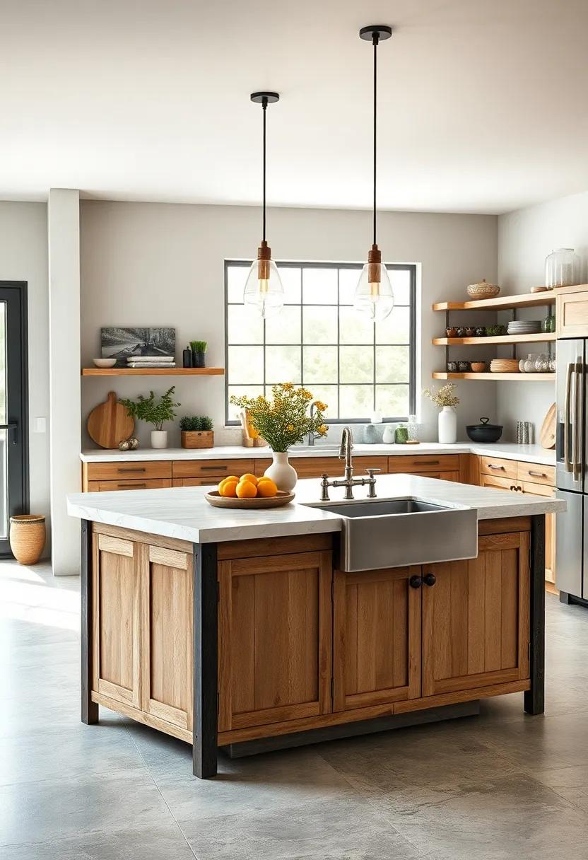 Vintage Farmhouse Island with Sinks: Combine nostalgia and practicality with a vintage farmhouse island featuring built-in sinks. Perfect for washing vegetables and cleaning up after dinner