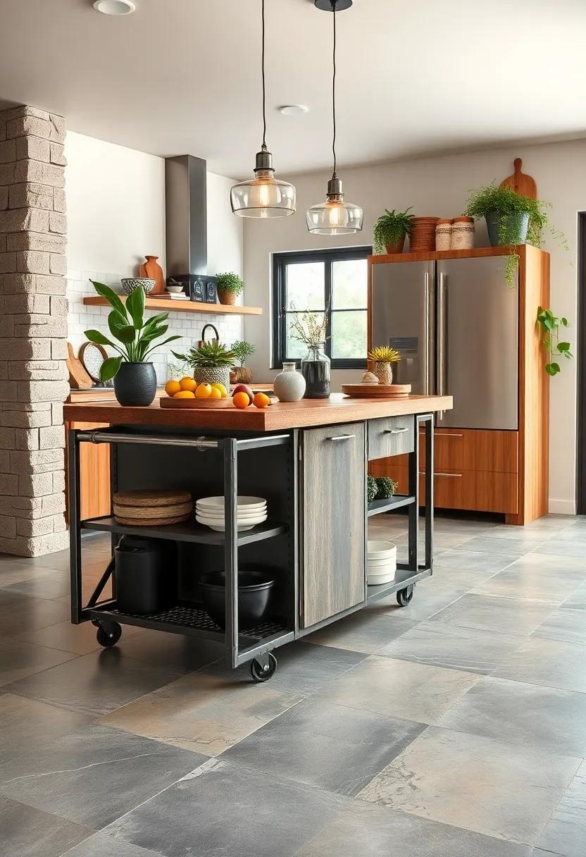 Vintage Metal Cart island: Perfect for those who love a hint of nostalgia, a vintage metal cart can serve as a mobile prep station or a charming display area for your favorite cookbooks and plants
