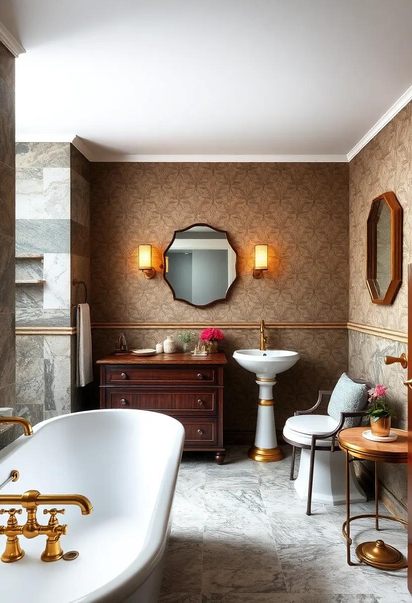 Heritage Patterned Wallpaper: Choose wallpaper with elegant brass motifs to create a compelling background for your vintage sanctuary