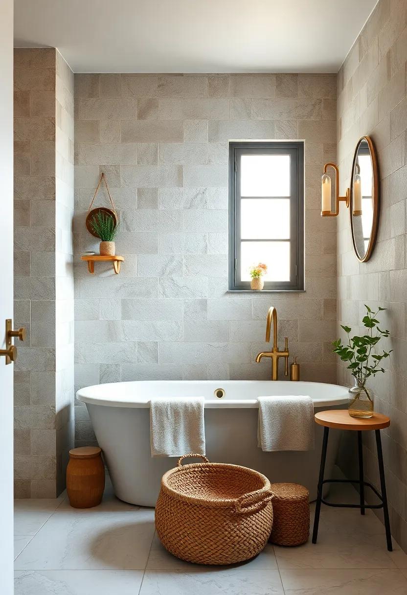 Layered Textures: Incorporate various textures, such as woven baskets with brass accents, to enhance depth and visual interest in the bathroom