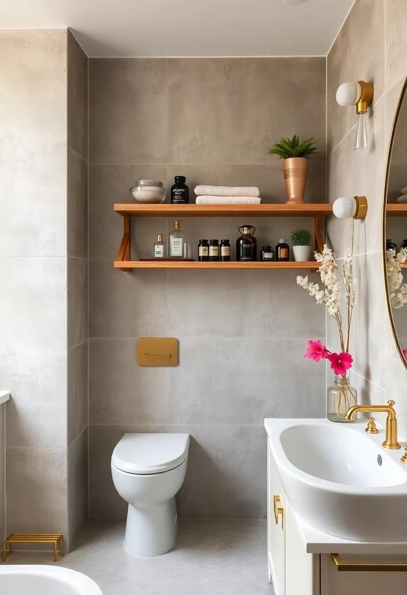 Bracketed Shelving: Install brass bracketed shelves for a blend of utility and vintage flair, perfect for displaying perfumes and decorative items